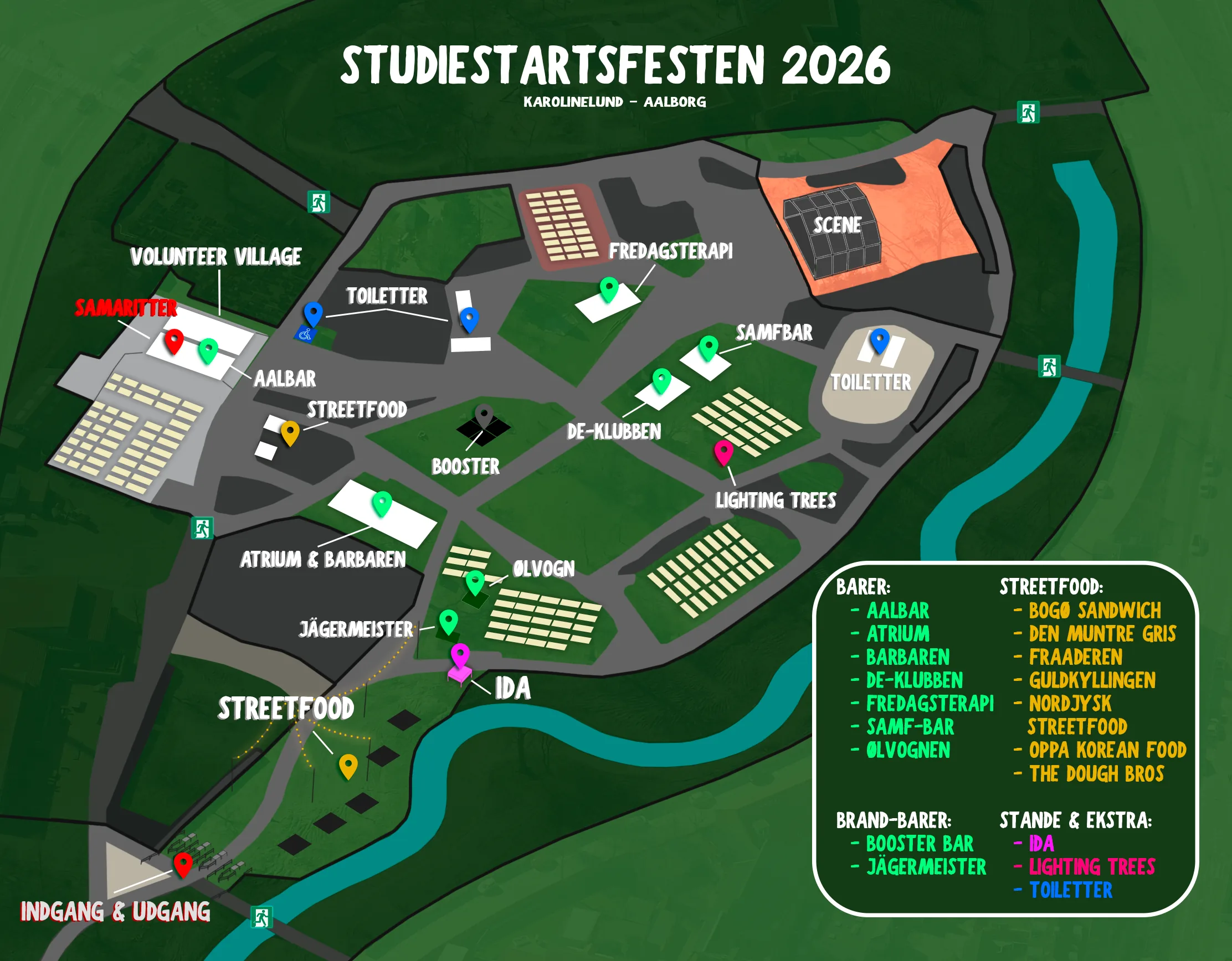 Kort over Studiestartsfesten i Karolinelund: barer, scene, streetfood, toiletter og indgang.